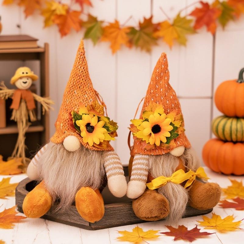 1Pair Fall Season Harvest Celebration Gnomes Figures Handmade Festival Dwarf Decoration for Office and Home Couple Gift