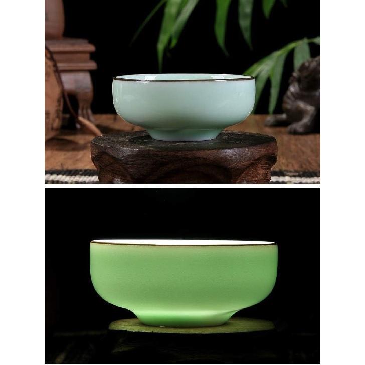 Hand Painted Kungfu Teacup,Chinese Long-quan Celadon Teacup,Fishes and Lotus Pattern,set of 6