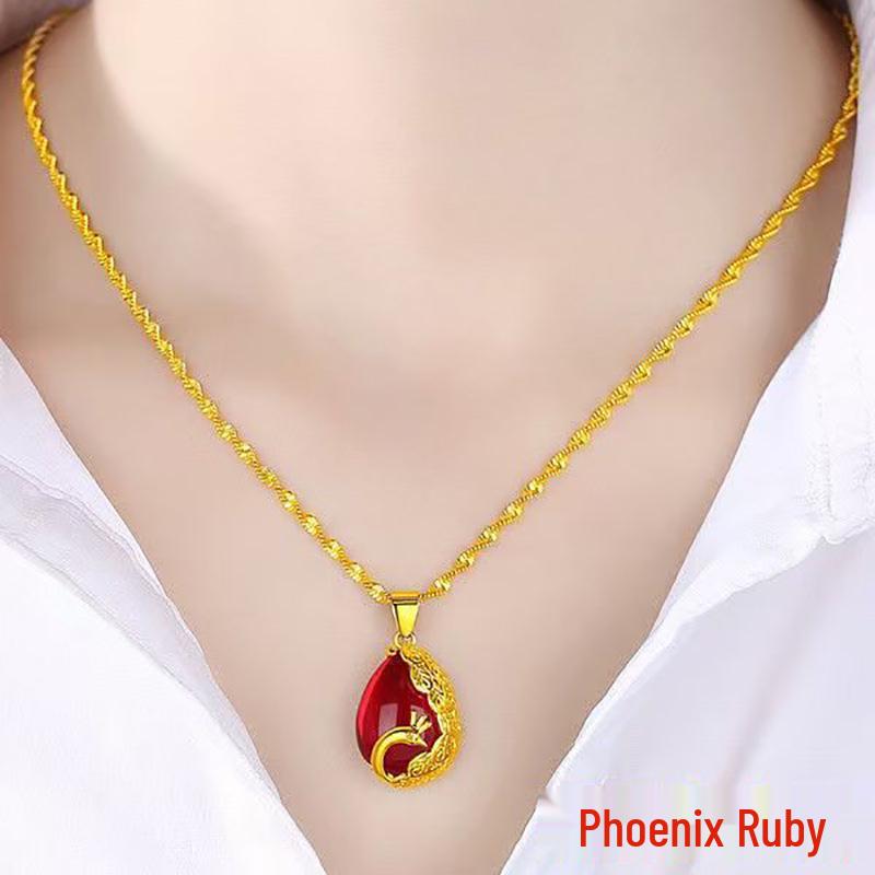 Gold-Plated Double Water Wave Necklace with Ruby & Emerald Pendant
