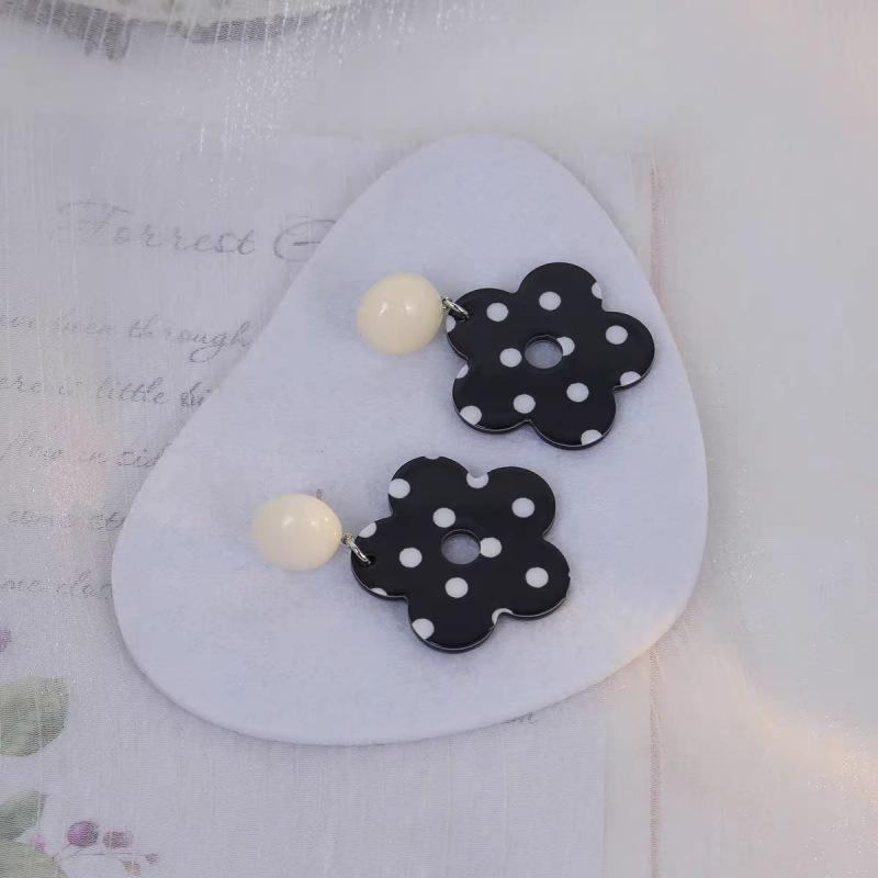 Retro HK Style Black & White Polka Dot Oval Floral Earrings
