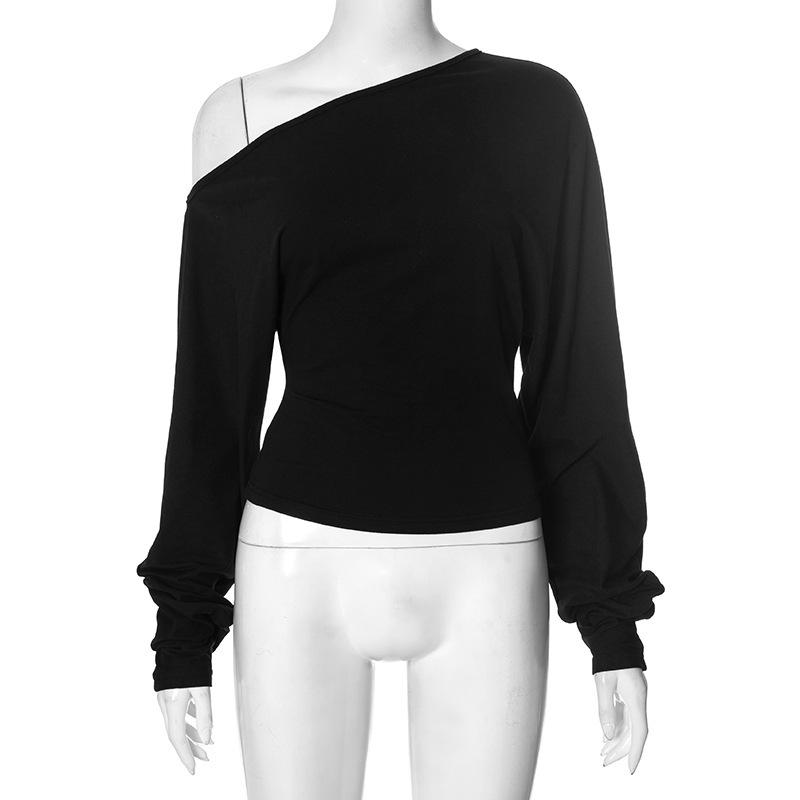C25TP196 Women s Asymmetrical Neck Batwing Waist-Cinching Long-Sleeve Tee - Autumn New Arrival. Large