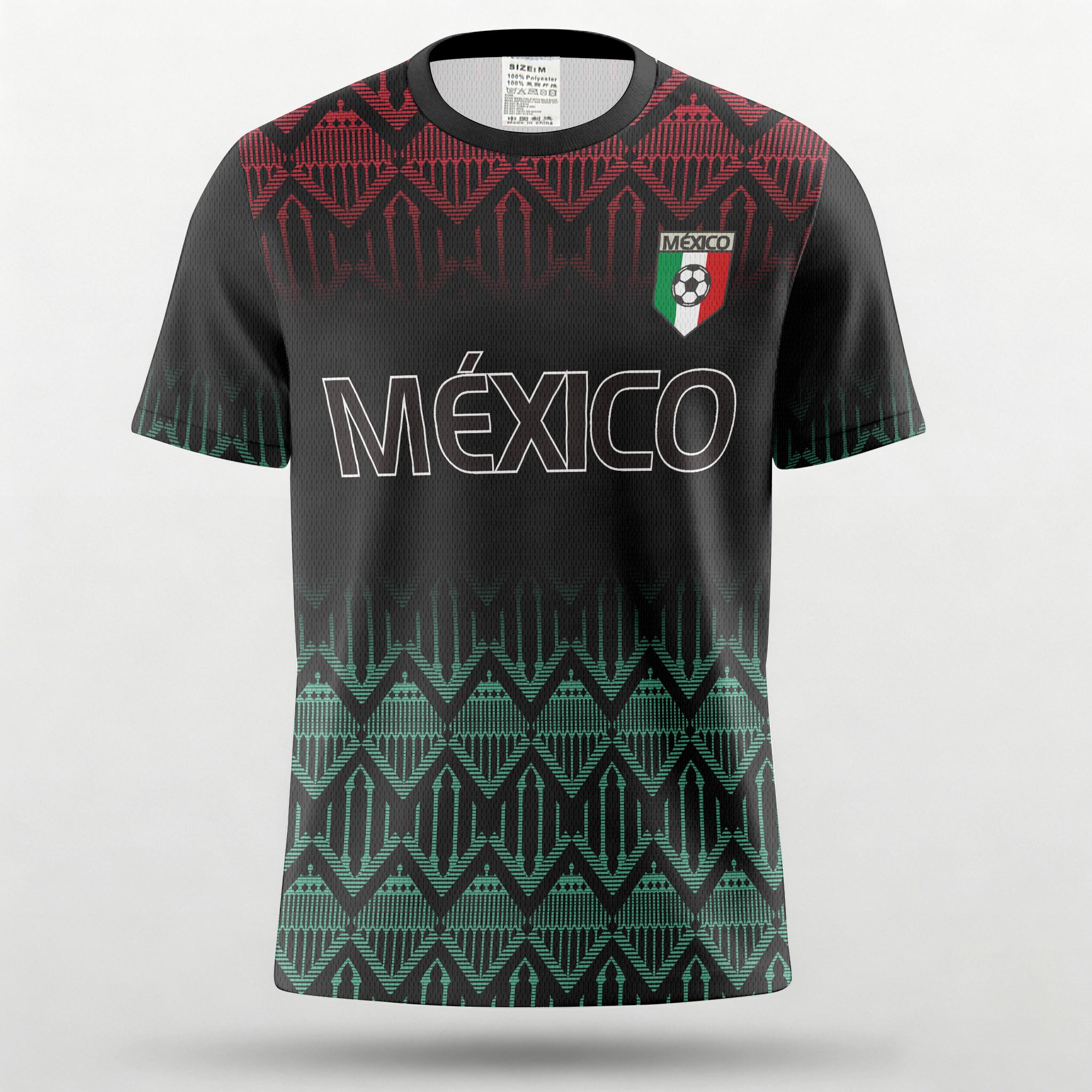 México Black Football T-Shirt Geometric Aztec Pattern National Team Style Fan Jersey Unisex Sport Top S