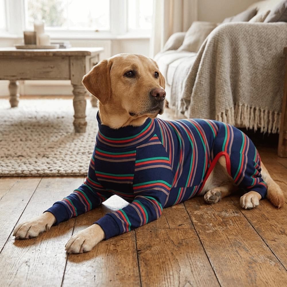 Breathable Dog Recovery Suit Dark Blue Striped Large Dog Bodysuit Dog Pajamas Heat Cycle Care