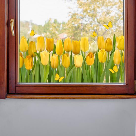 Adesivo per Finestra Fiore di Tulipano, Decalcomanie Floreali Primaverili con Farfalle per Festa di Primavera Casa Scuola Ufficio Negozio Decorazione Vetro