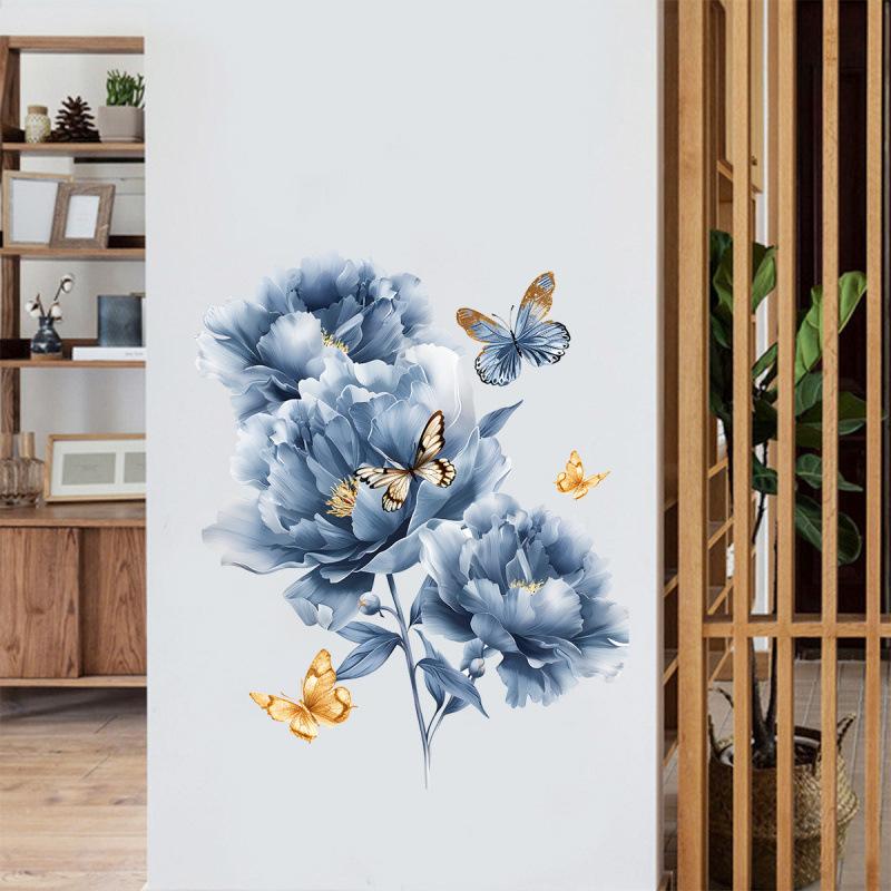 Kreative Blaue Blume Schmetterling Wandaufkleber Selbstklebend Abnehmbar Heimdekor für Wohnzimmer Schlafzimmer Eingang