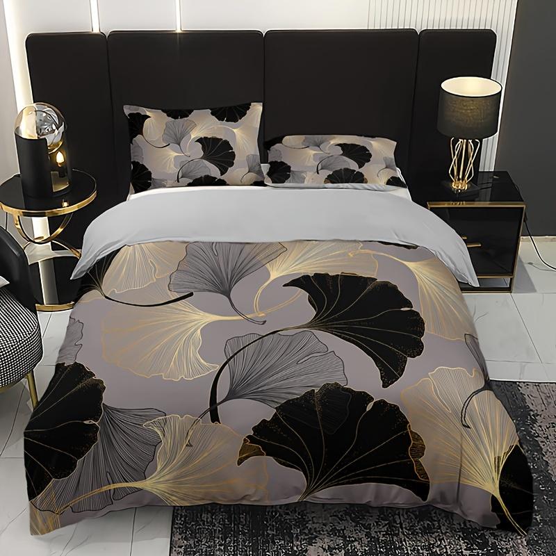 Leaf Patern Soft with Soft Fabric Duvet Cover Set Machine Washable Digital Print Al-Season Beding Set featuring 2 Pilowcases Elegant Home Decor