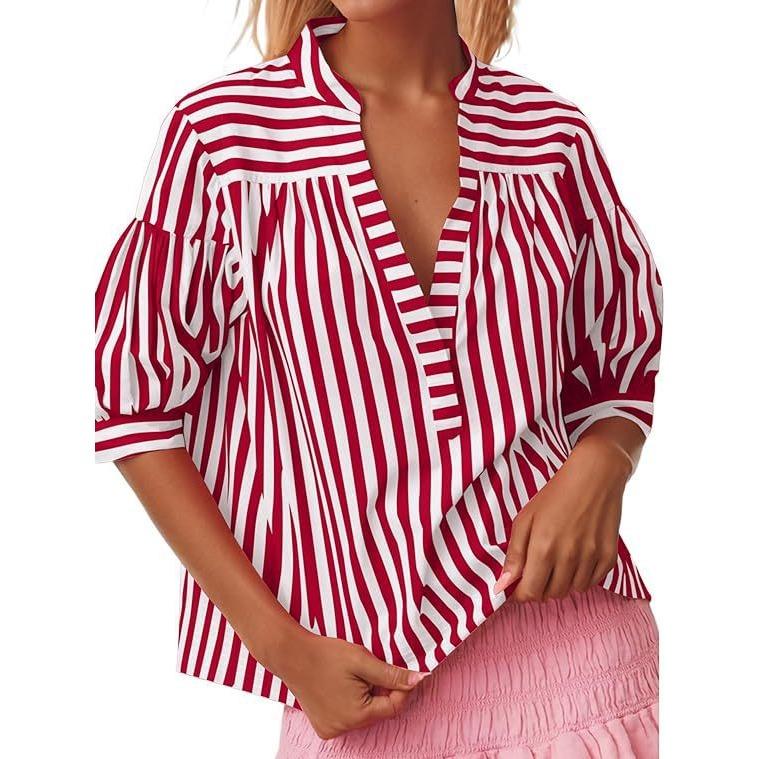 

GMXIA Женская рубашка повседневная полосатая пэчворк складная открытая труба V-образный вырез топ для женщин XXL