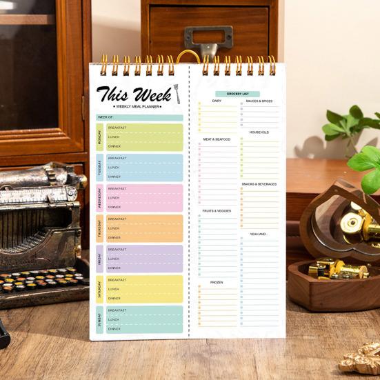 Magnetic Weekly Meal Planner Notebook Wall-Mounted Meal Planning Pad Grocery List Notepad Double Helix Tear-Off Shopping List Kitchen Organizer