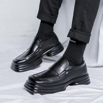 Mocasini negri, retro, cu cap pătrat, cu fundul muffin, pentru bărbați, primăvară și toamnă, pantofi mici din piele cu talpă groasă, stil britanic pentru bărbați 36770-R