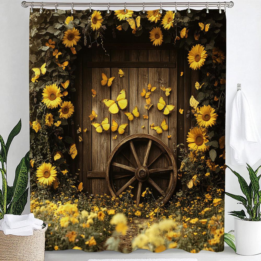 

Country Sunflower Flowers Wooden House Cabin Print Waterproof Shower Curtain Hanging Curtain With Hooks Home Decoration Curtain W60H190(CM)-1 Pcs