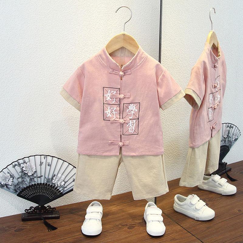 Completo Estivo da Ragazzo a Maniche Corte Stile Cinese per Bambini Hanbok Bello Completo Tang Cotone Lino Sezione Sottile di Abbigliamento Antico