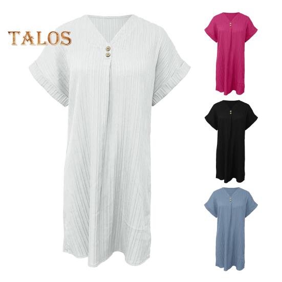 Summer Mini Dress Short Sleeves V Neck Loose Pure Color Dress Bohemian Buttons Casual Dress for Beach Vacation Daily Wear