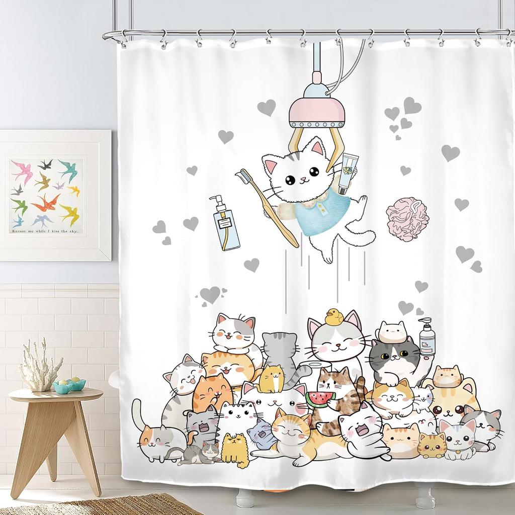 Zasłona Prysznicowa dla Kota Dzieci Śmieszny Słodki Uroczy Kreskówkowy Kociak Zwierzę Domowe Wspinające się na Drzwi Urzekający Nowoczesny 12 Haczyków Poliester