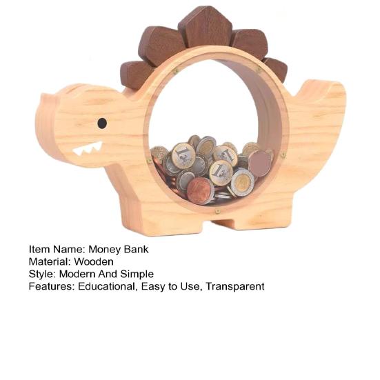 Dřevěné prasátko pro kluky a holky, tvar dinosaura, pokladnička s průhledným okénkem, spořicí box na mince se zámkem, hračka pro finanční vzdělávání dětí