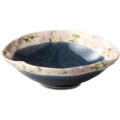 Bol moyen Ale-net avec motif floral en forme de mokko émaillé indigo, L17 x P18 x H5,5cm, Poterie Mino Ware, Fabriqué au Japon