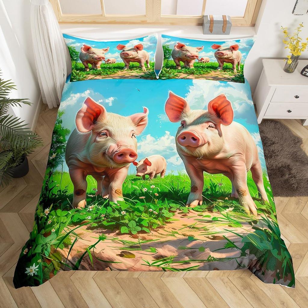 Farm Animal Pig Bedding Set Full Queen Size, Cute Pig Duvet Cover For Kids Girl, Cartoon Pigs Comforter Cover With 2 Pillow Case