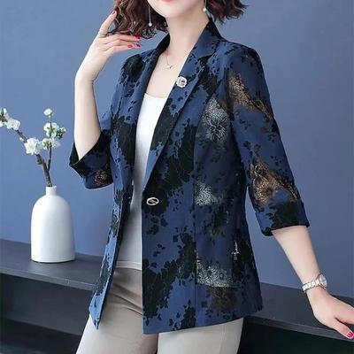 Blazer azul feminino slim com gola sob medida, manga comprida, agasalho de renda, vazado, estampado, roupas de trabalho para deslocamento