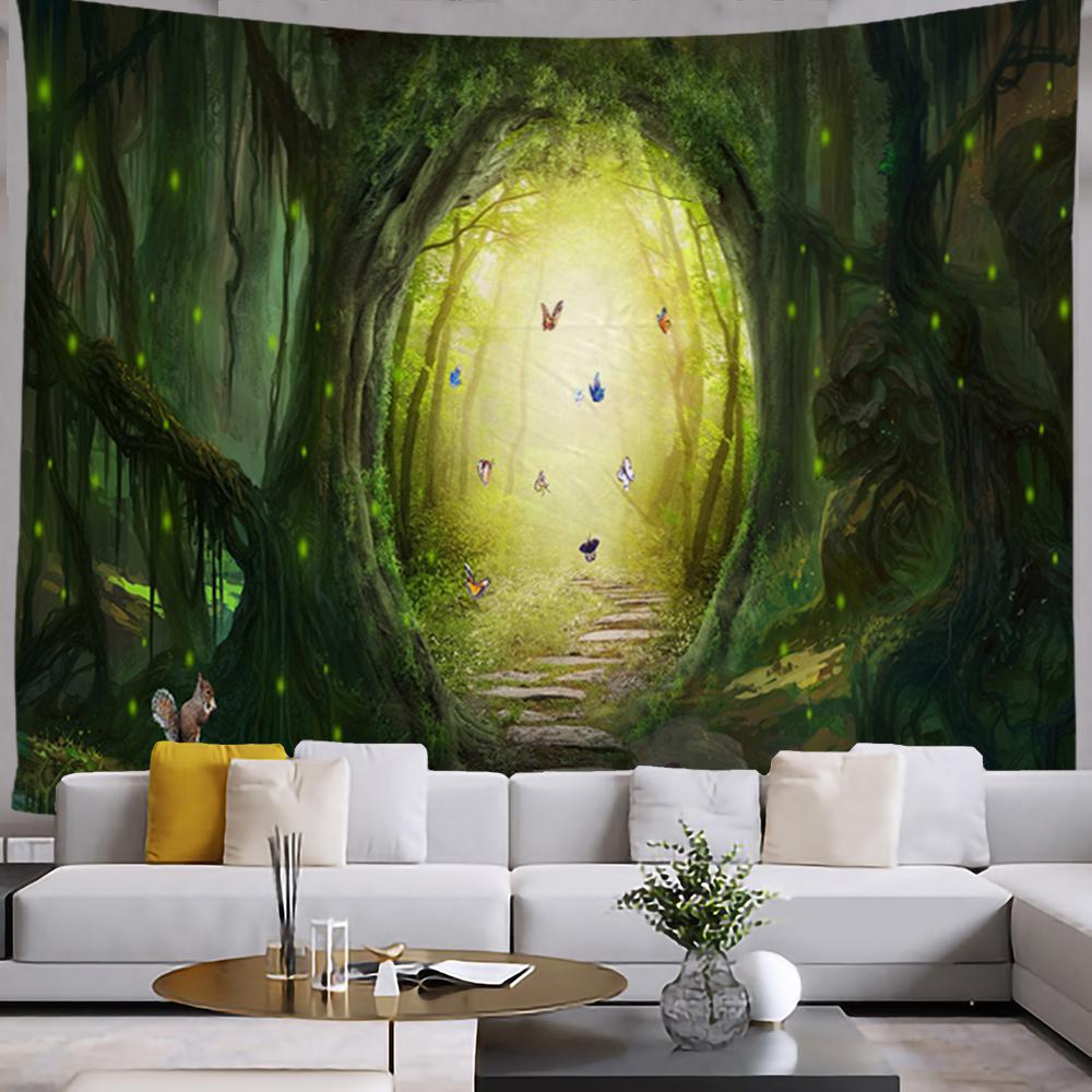 Forest River Tapestry Green Natural Landscape Tapestry Wall Hanging Decoration Living Room Bedroom Decorative Tapestry