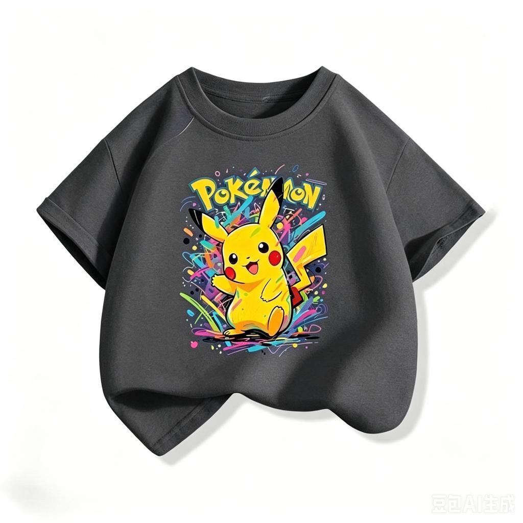 New Pokémon-themed Children's Cotton Short-sleeved T-shirt, Round Neck  Unisex, Casual Wear, Parent-child Set, Summer Clothing.