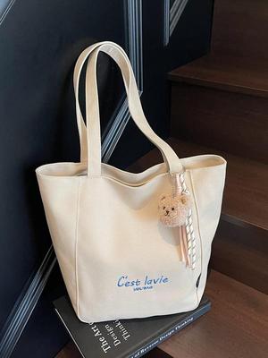 Korean Style Large Capacity Mummy Canvas Bag with Embroidered Letters - Versatile, Lazy Style, Textured, Thick Shoulder Bag for Women