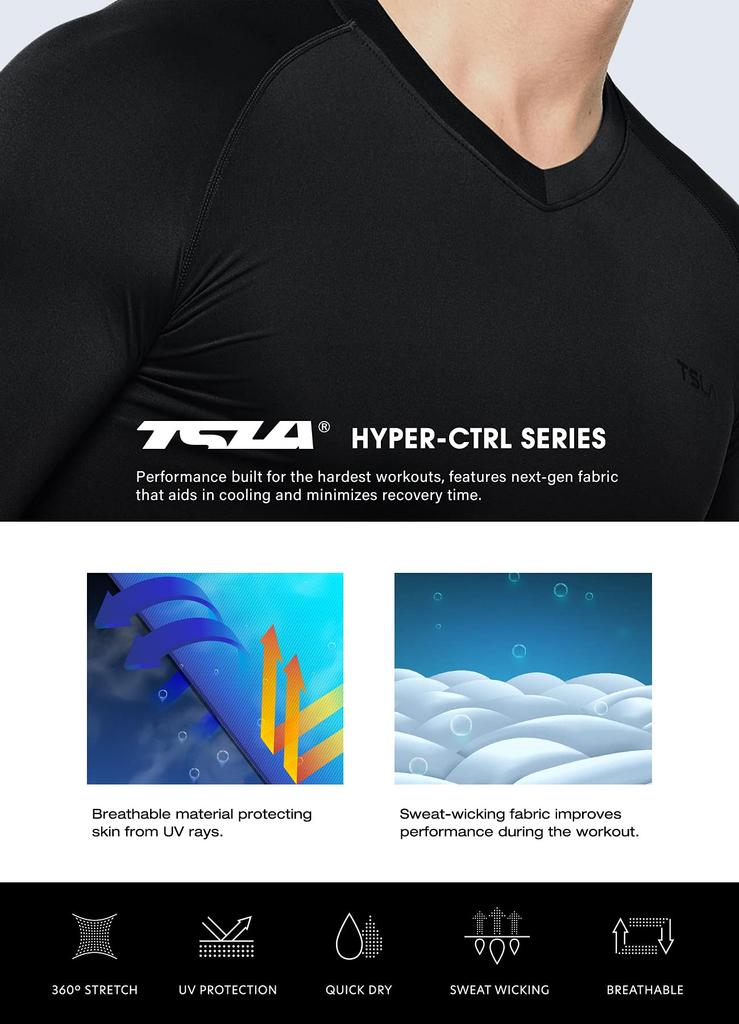 Tesla Compression UV Sports Base for and More Men's Wear, V-Neck, Protection, Sweat-Wicking, Quick-Drying, Undershirt, T-Shirt, Layer, Running,