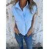 Women Navy Collared Sleeveless Button Down Cropped Shirt Dual Chest Pocket Casual Textured Blouse