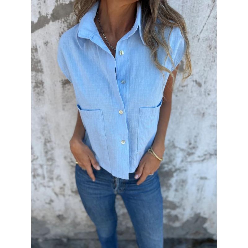 Women Navy Collared Sleeveless Button Down Cropped Shirt Dual Chest Pocket Casual Textured Blouse
