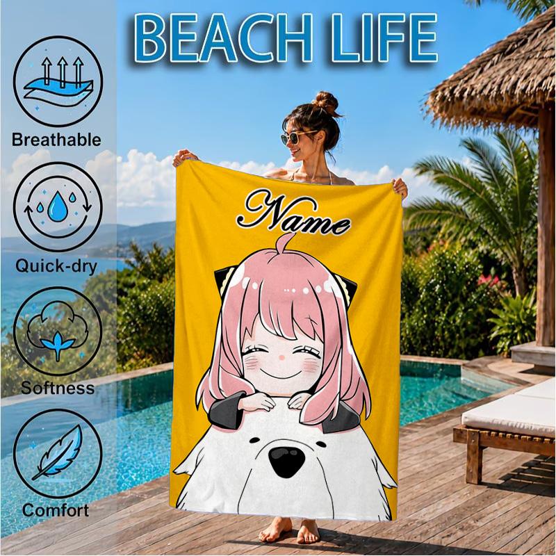 Custom Name Adventure Cute Anya Beach Towel Microfiber Beach Towel, Lightweight and Quick-Dry, for Summer Travel, Swimming Pool Gift