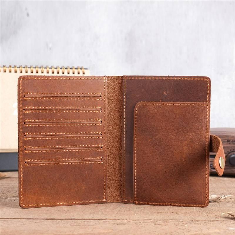 Unisex Vintage Crazy Horse Leather Passport Wallet Genuine Leather Card Holder with Buckle Multi-Card Slots Coin Pocket Ready Stock for Travel