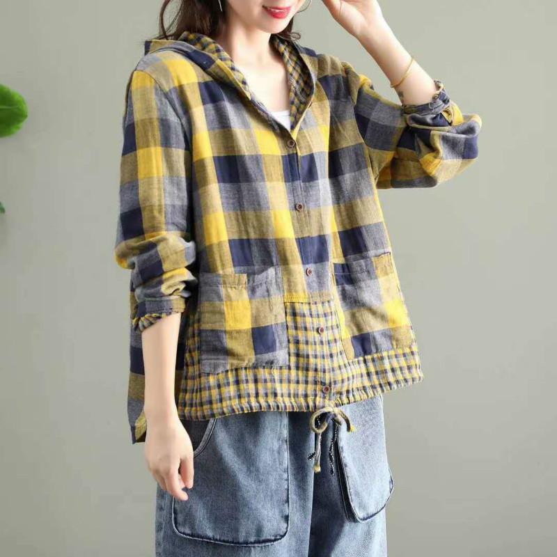 Fashion Korean Spring Clothes Womens Plaid Hooded Shirts Ladies Linen Loose Blouses Female Casual Oversized