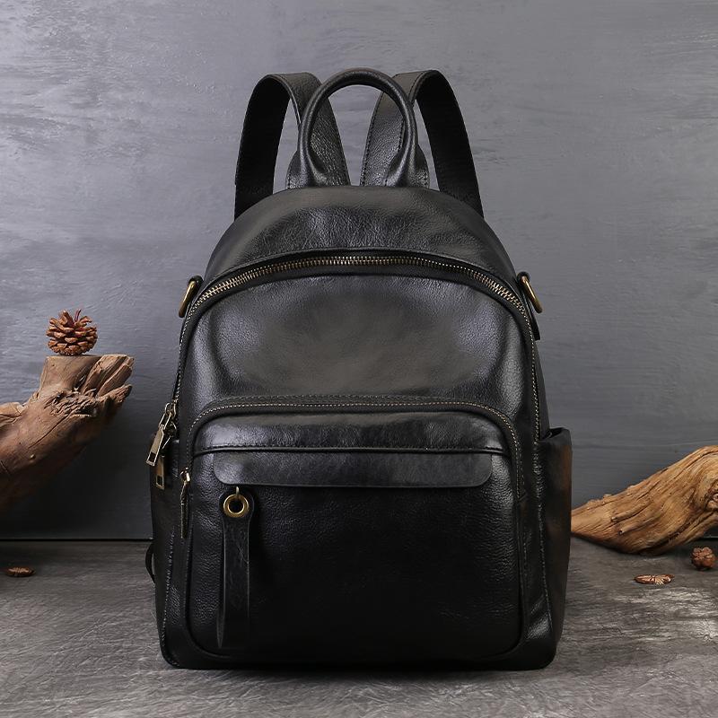 

Real Leather Backpack for Women, New Top Layer Cowhide Backpack for Women, Solid Color Retro Student Backpack чёрный