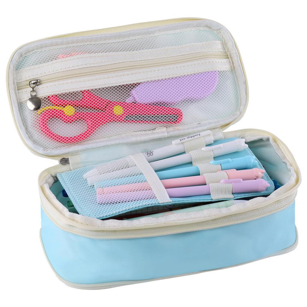 Stylish Macaron Color Canvas Expandable Large Capacity Pencil Case With Dual Zippers
