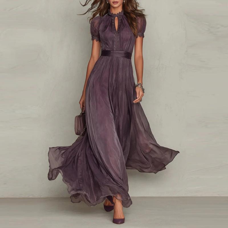 Women's Summer Chiffon Dress Printed Short Sleeve V Neck Flowy Maxi Dress Loose Layered Ruffle Lace-Up Long Dress