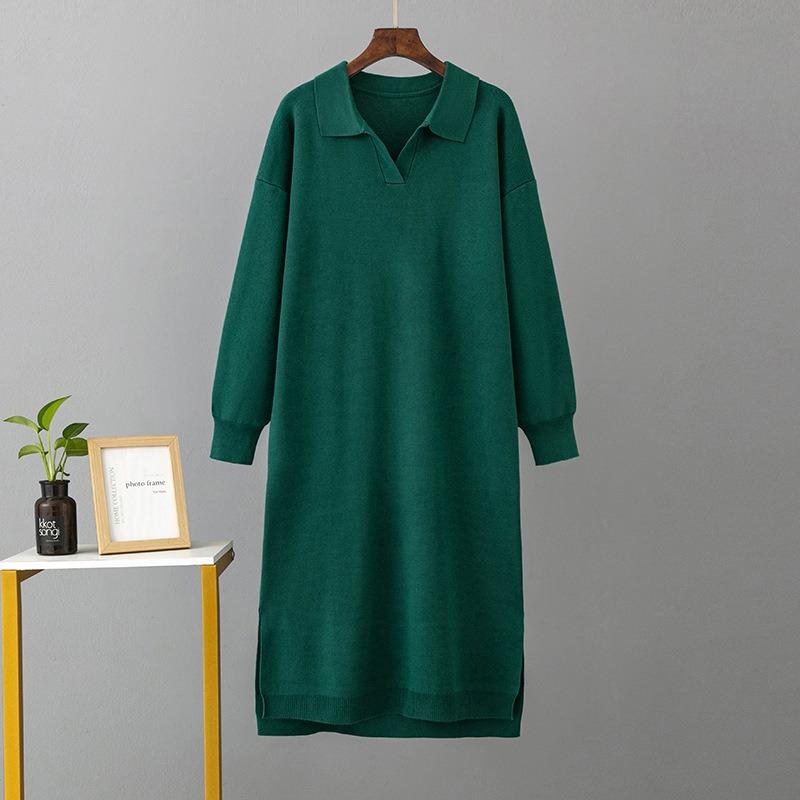 Herbst und Winter neues Olo-Kragen Unterteil gestricktes langes Kleid locker große Größe einfarbig Damenkleid