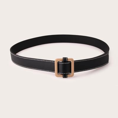 Women'S Rose Gold Square Buckle Day Buckle Black Belt Basic Thick Line Textured Women'S Belt