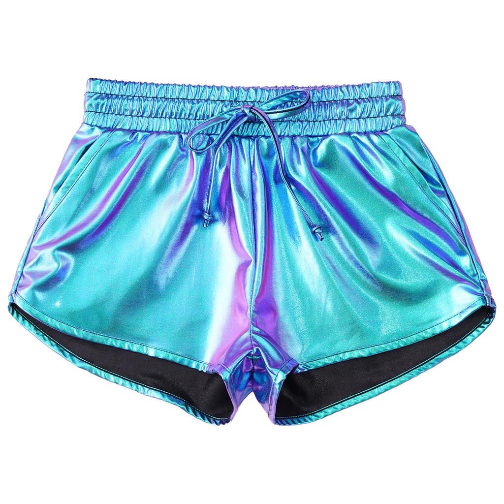 Meisjes Metallic Korte Broek Trekkoord Elastische Tailleband Glanzende Hotpants Dans Bodems Zakken Sportkorte Broek