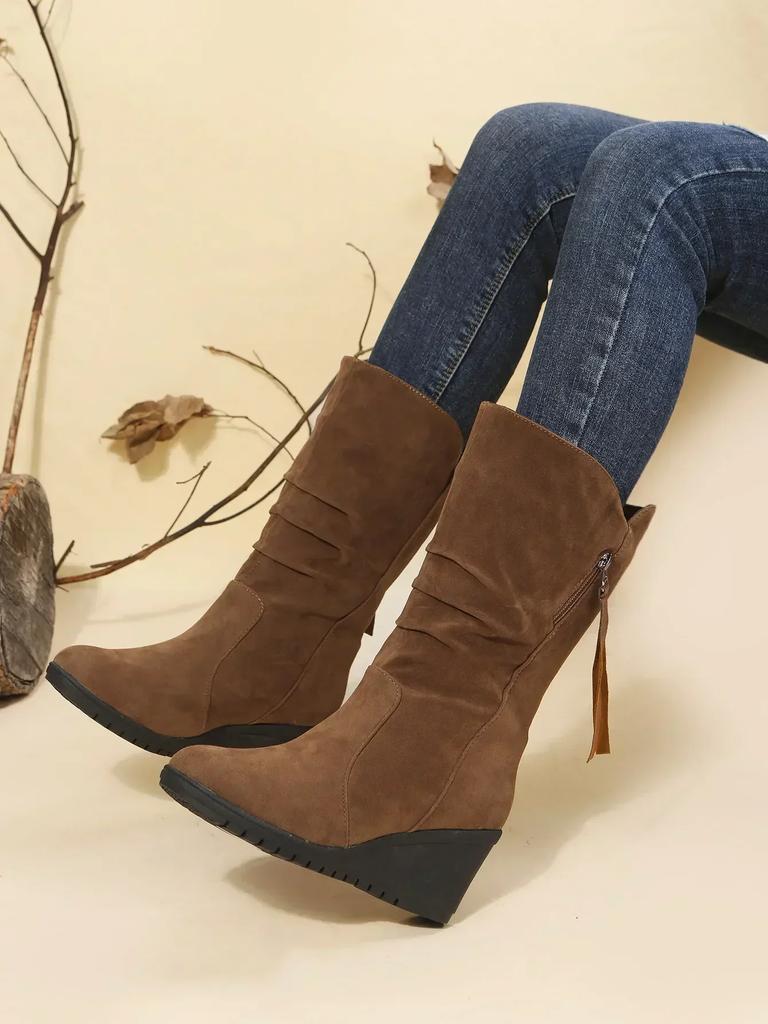 Fashion Vintage Faux Suede Wedge Ankle Boots for Women 2024 Autumn Winter Warm Plush Flat Heels Short Boots Woman Slip On Cowboy Botas