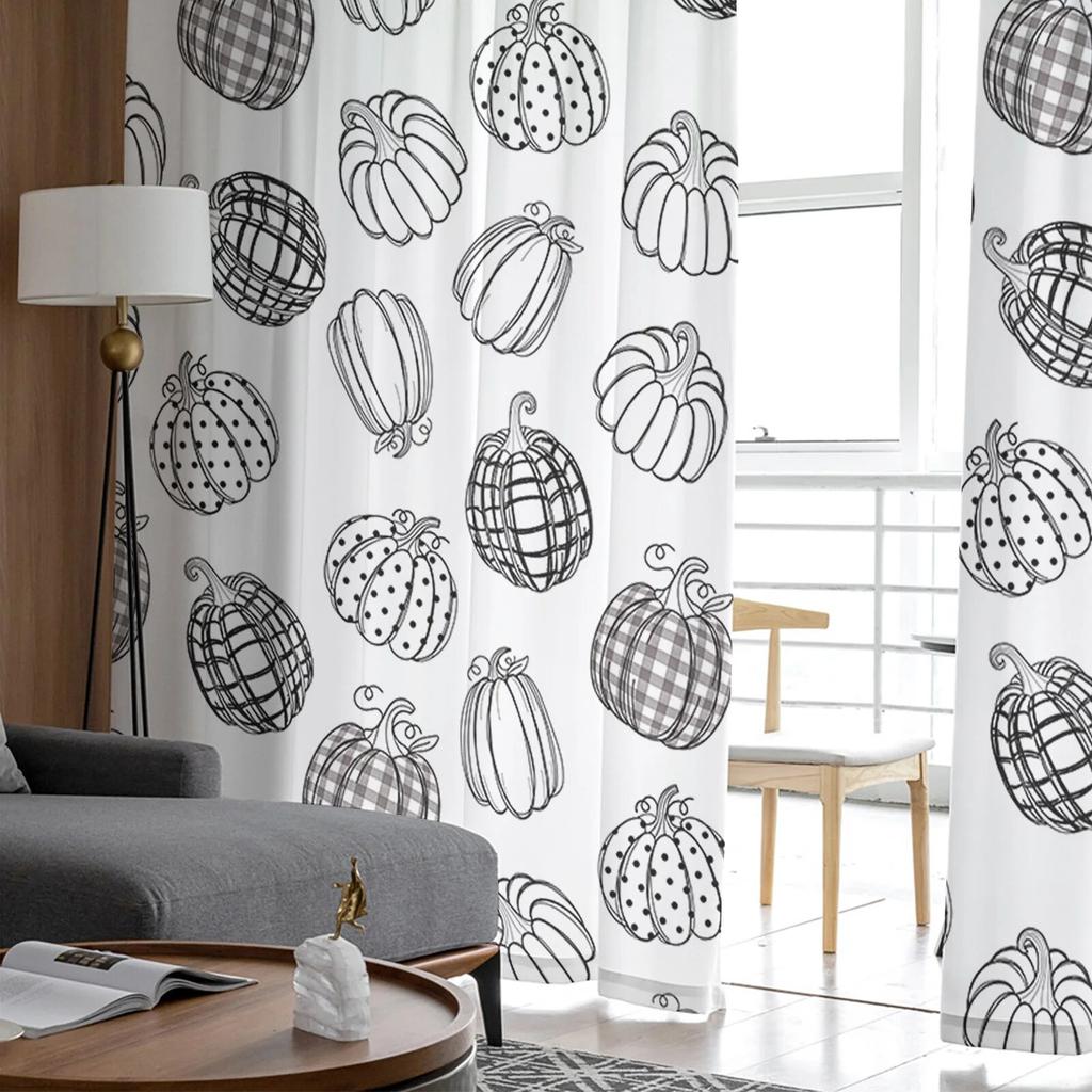 Thanksgiving Pumpkin Hand Drawn Autumn Sheer Curtains For Living Room Bedroom Tulle Curtain For Kitchen Voile Blind Curtain