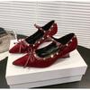Retro Designer Red Bowknot Heel Women Shoes Pointed Toe Rivet Pumps Stripper Party Fotwear Female Wedges Mary Jane Shoes