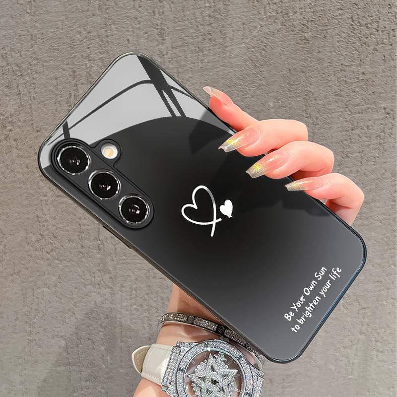 Minimalist White Heart Pattern Glass Phone Case for Galaxy S22 Ultra S23 S23 Ultra S24 S24 FE S24 Ultra S25 S25 Ultra S25 Plus