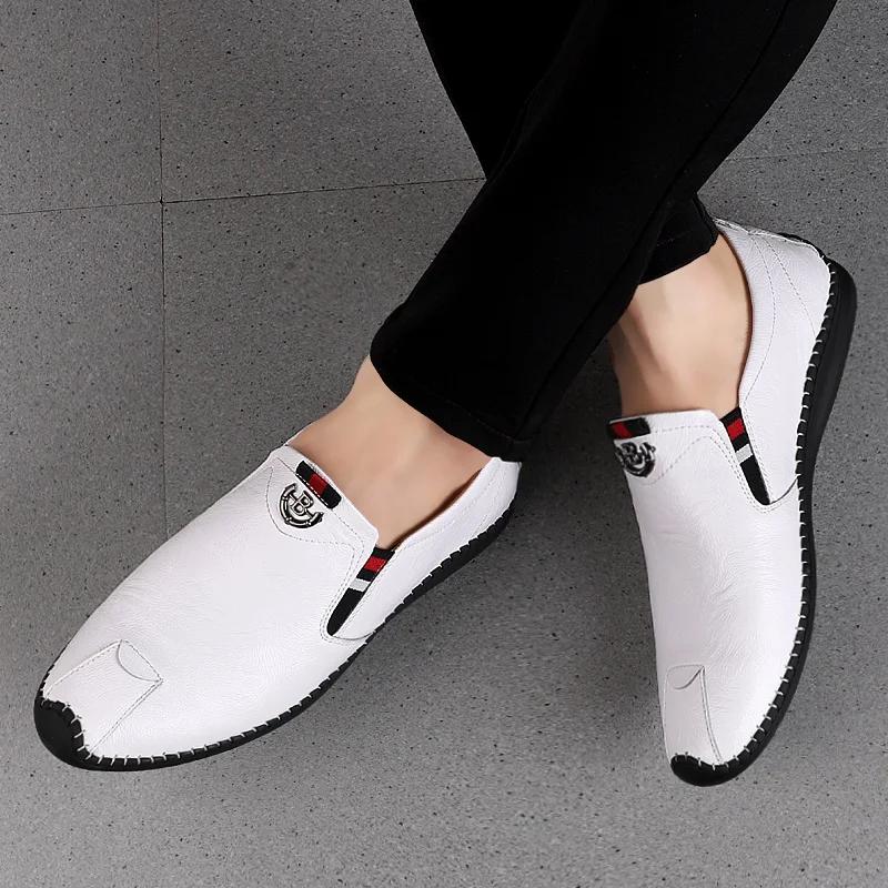 Harajuku Peas Shoes Breathable Genuine Leather Men Big Size Flat Loafers Moccasins Walking Driving Outdoor Travel Soft Shoes