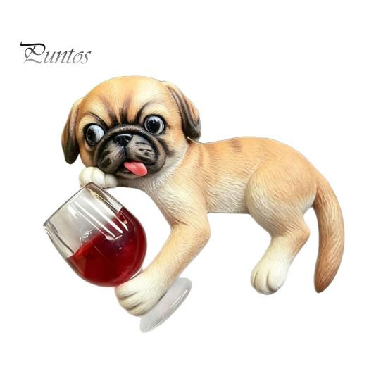 Creative Planter Edge Decor Lying Pug Statue for Planter, Dog Figurine with Red Wine Tabletop Animal Ornament Glass, Cute Resin Flower Pot Decoration