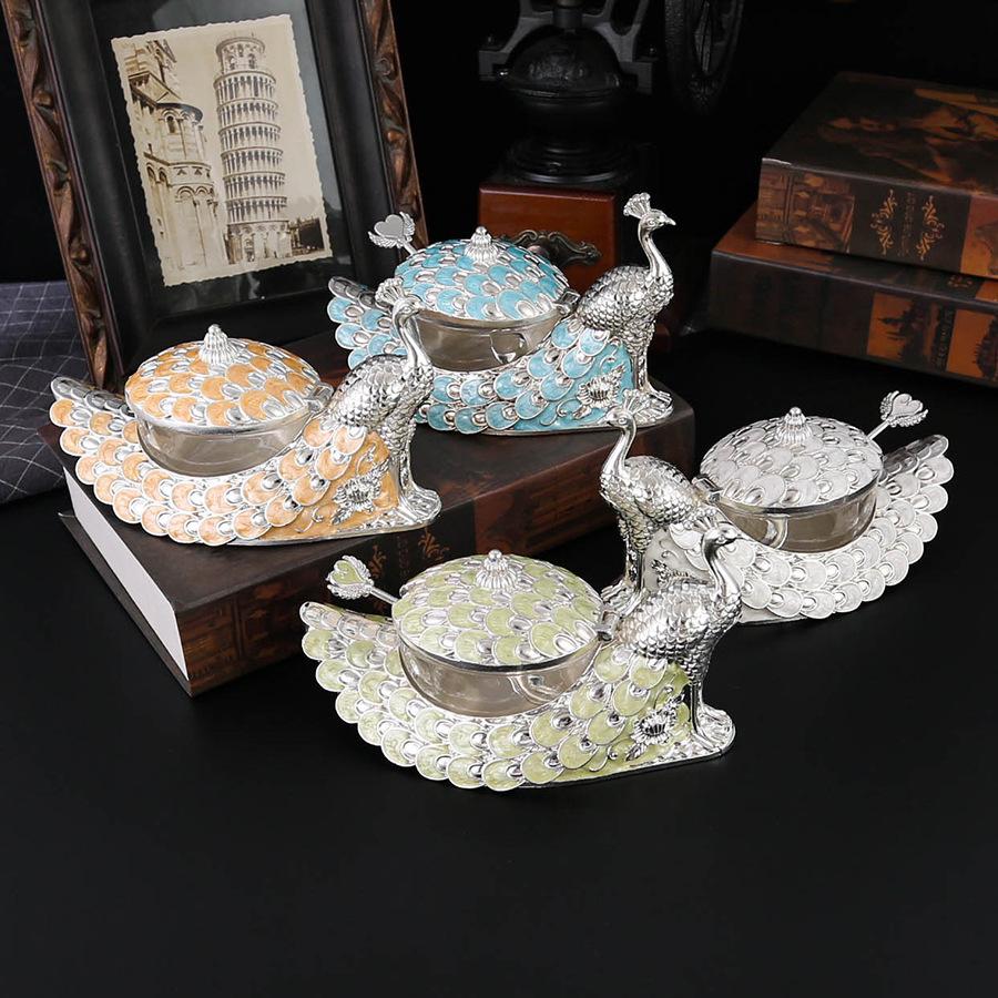 New Peacock Seasoning Jar Multi-color Selection Alloy Seasoning Box Kitchen Salt Tank Oil Bottle Moisture-proof with Lid Household Ornament