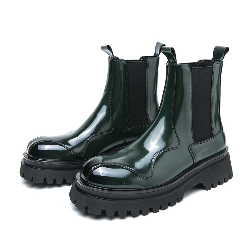 Men’s Chelsea Thick Sole Platform Punk Green Leather Boots Elevator Street Style Big Head Motorcycle Boots High Boots Plus Size