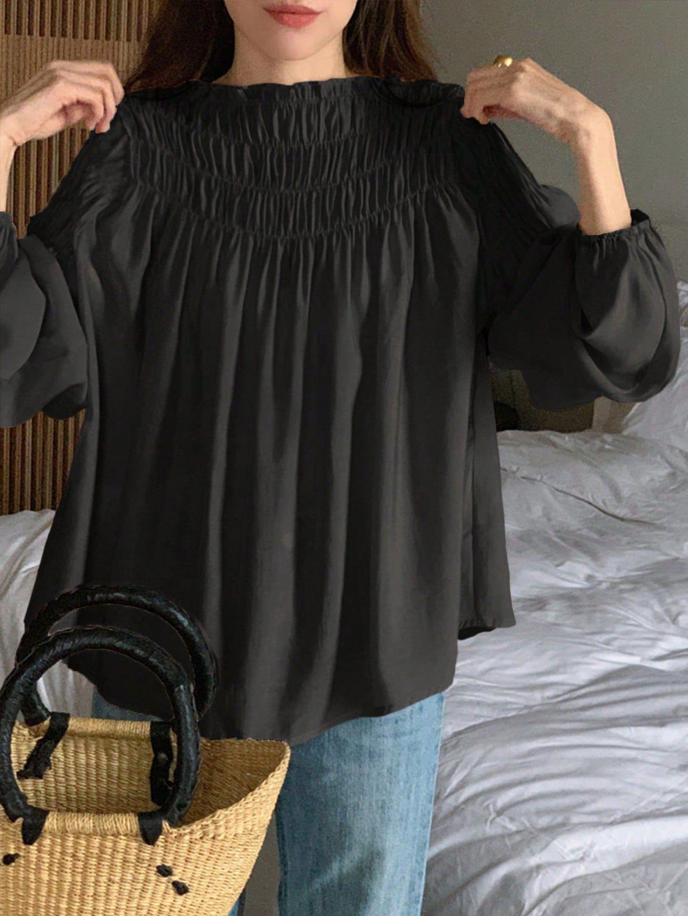 

Elegant Off-the-Shoulder Puff Sleeve Pleated Women s Shirt for Spring S чорний