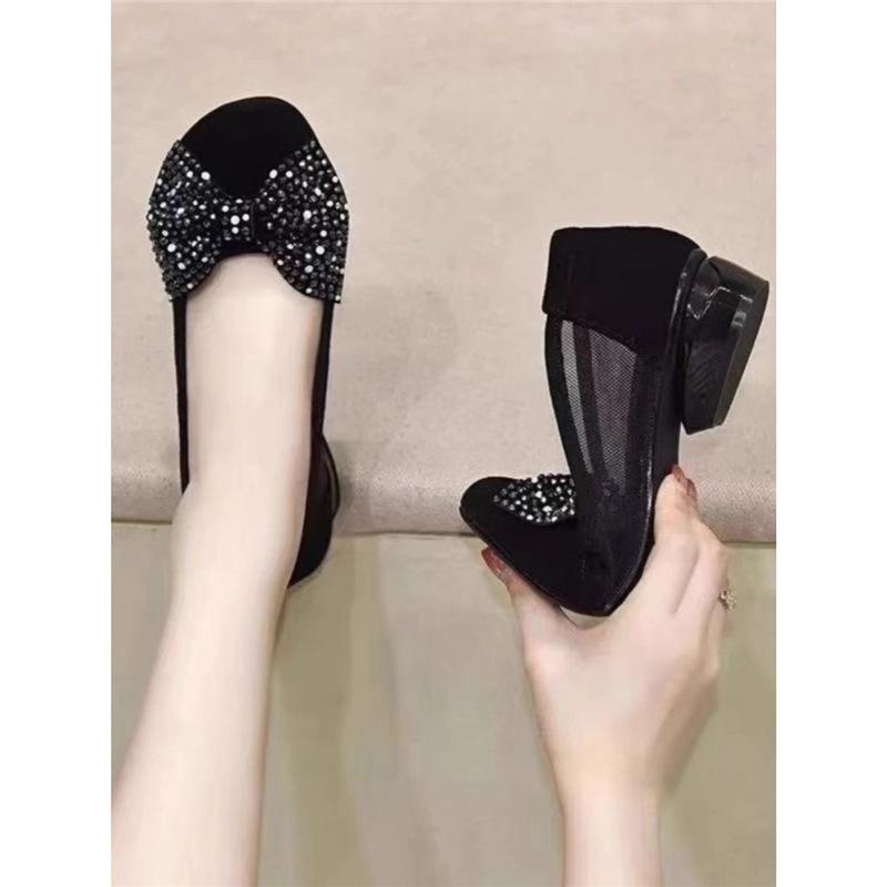 Mesh Breathable Single Shoes Women's 2025 Spring and Summer New Suede Low Heel Bow Doudou Shoes Hollow Sandals Women