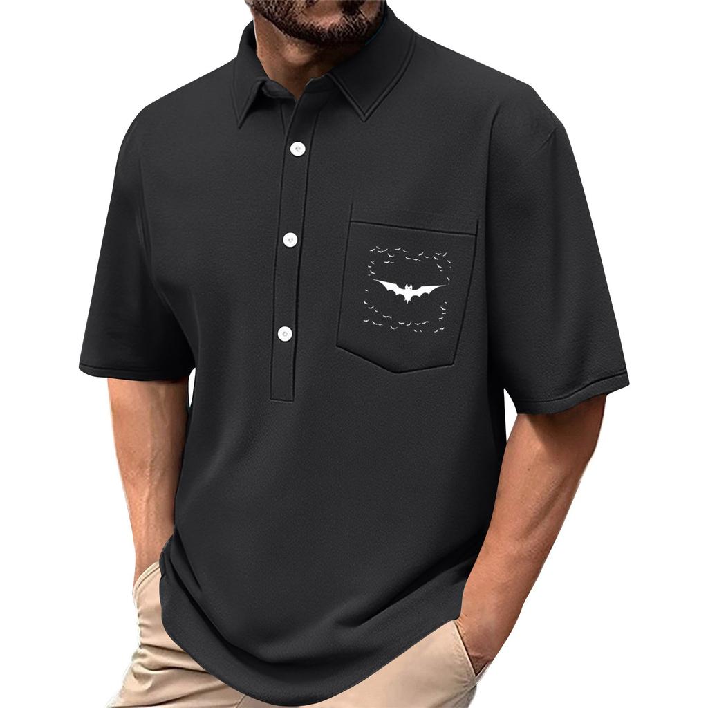 Men's Summer Solid Color Print Four-sided Stretch Lapel Button Pocket Shirt Casual Sports Short-sleeved Top