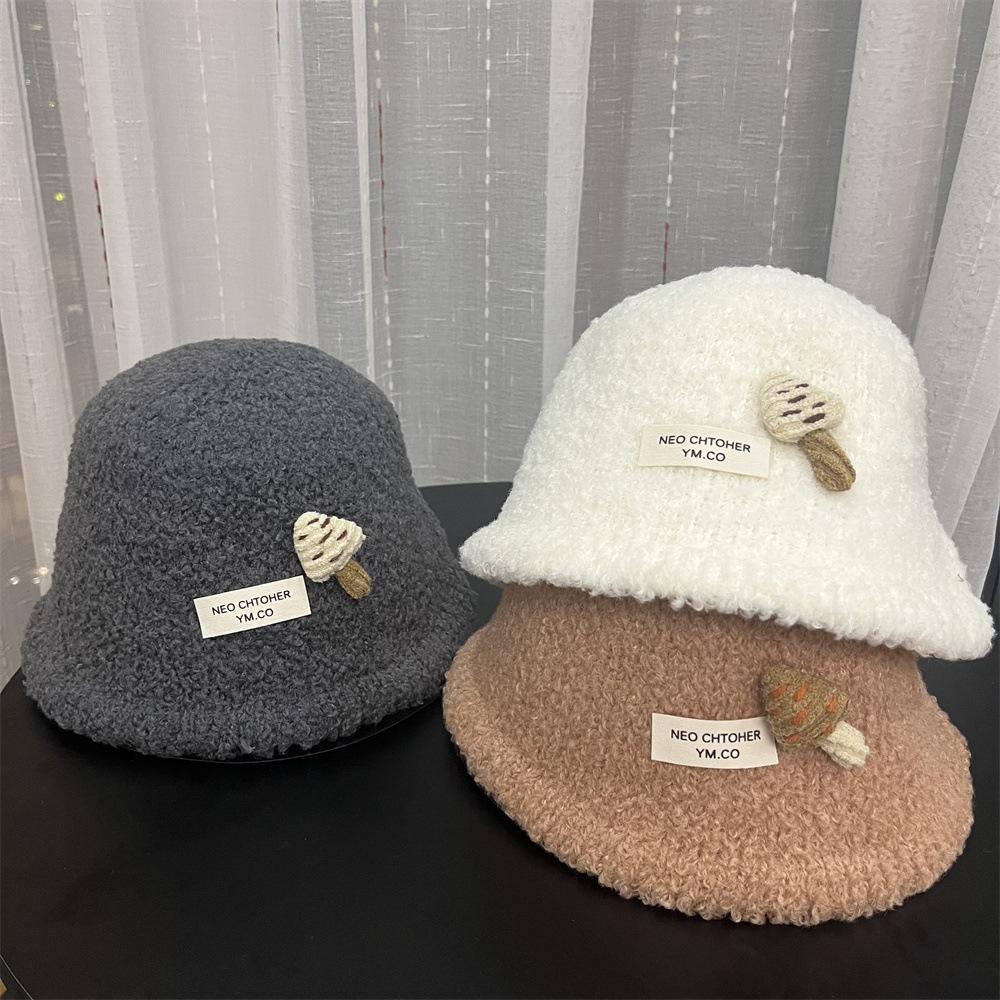 Cute three-dimensional mushroom bucket hat autumn and winter new lamb wool warm and cold-proof split bucket hat female