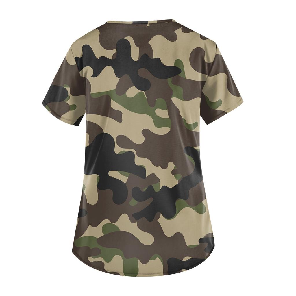 Women's Fashion V-Neck Casual Camouflage Printed Tops With Pockets Workwear