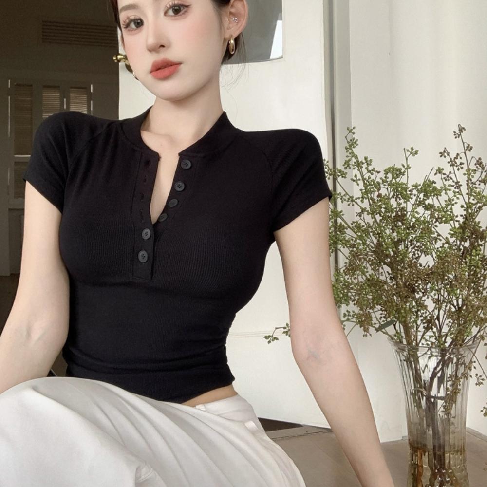 V Neck Button T Shirt Basic Short Sleeve Crop Top Women T-shirt Casual Tank Top Slim Female Crop Top Fashion Girl Tee Shirt Y2k Streetwear